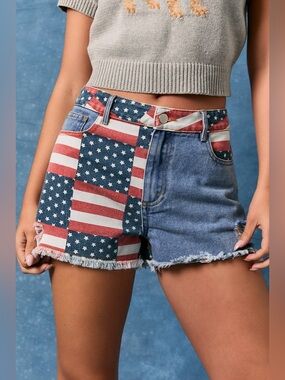 American Flag Patchwork Denim Shorts - Le Lis